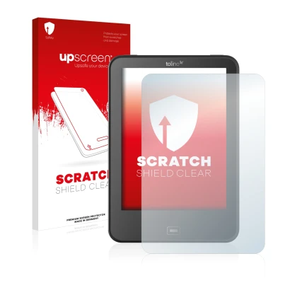 Front side of a product packaging with the brand logo upscreen. Next to it is the device Tolino Vision 4 HD shown with the cor