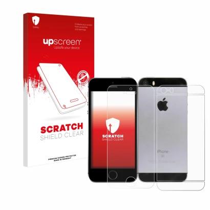 Front side of a product packaging with the brand logo upscreen. Next to it is the device Apple iPhone SE 2016 (Front+Back) sho