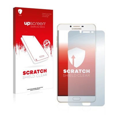 Front side of a product packaging with the brand logo upscreen. Next to it is the device Samsung Galaxy C9 Pro shown with the 