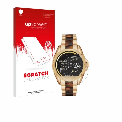 Front side of a product packaging with the brand logo upscreen. Next to it is the device Michael Kors Access Bradshaw shown wi