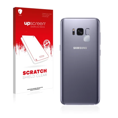 Front side of a product packaging with the brand logo upscreen. Next to it is the device Samsung Galaxy S8 (ONLY Camera Lens)