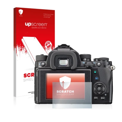Front side of a product packaging with the brand logo upscreen. Next to it is the device Pentax KP shown with the correspondin