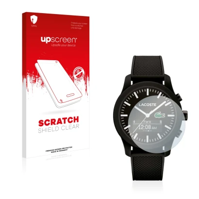 Front side of a product packaging with the brand logo upscreen. Next to it is the device Lacoste 12.12 Contact shown with the 