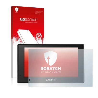 Front side of a product packaging with the brand logo upscreen. Next to it is the device Garmin DriveSmart 51 LMT-D shown with