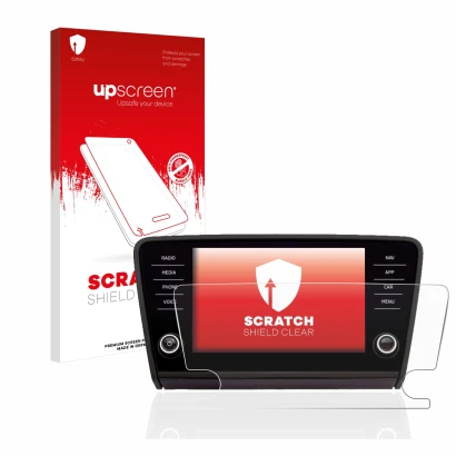 Front side of a product packaging with the brand logo upscreen. Next to it is the device Skoda Octavia 2017 Infotainment Syste