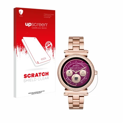 Front side of a product packaging with the brand logo upscreen. Next to it is the device Michael Kors Access Sofie shown with 