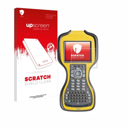 Front side of a product packaging with the brand logo upscreen. Next to it is the device Trimble TSC3 shown with the correspon