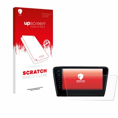 Front side of a product packaging with the brand logo upscreen. Next to it is the device Skoda Octavia 2017 Infotainment Syste