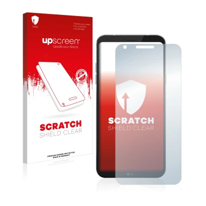 Front side of a product packaging with the brand logo upscreen. Next to it is the device LG Q6 shown with the corresponding sc