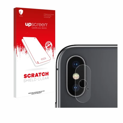Front side of a product packaging with the brand logo upscreen. Next to it is the device Apple iPhone X (ONLY Camera Lens) sho