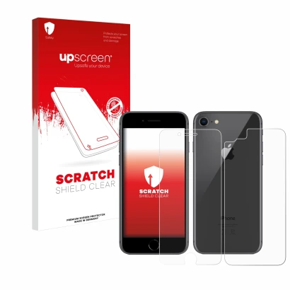 Front side of a product packaging with the brand logo upscreen. Next to it is the device Apple iPhone 8 (Front+Back) shown wit