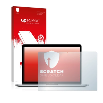 Front side of a product packaging with the brand logo upscreen. Next to it is the device Apple MacBook Pro 13" 2017 shown with