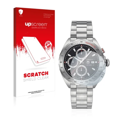 Front side of a product packaging with the brand logo upscreen. Next to it is the device TAG Heuer Formula 1 (44 mm) shown wit