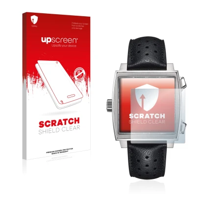 Front side of a product packaging with the brand logo upscreen. Next to it is the device TAG Heuer Monaco (39 mm) shown with t