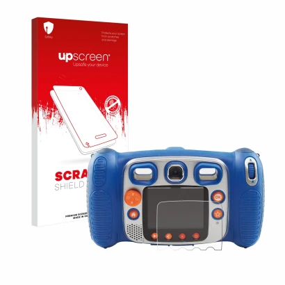 Front side of a product packaging with the brand logo upscreen. Next to it is the device Vtech Kidizoom Duo 5.0 shown with the