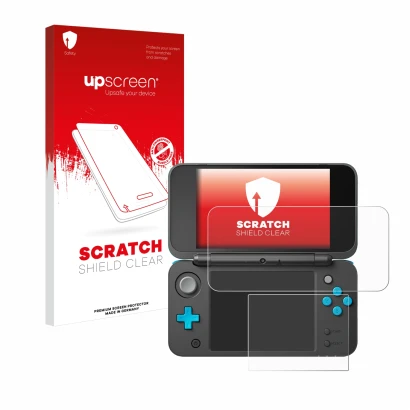 Front side of a product packaging with the brand logo upscreen. Next to it is the device New Nintendo 2DS XL shown with the co