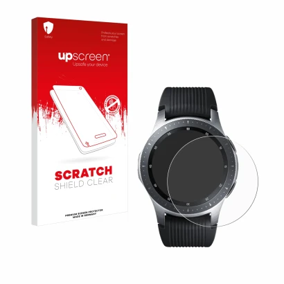 Front side of a product packaging with the brand logo upscreen. Next to it is the device Samsung Galaxy Watch (46 mm) shown wi