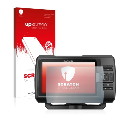 Front side of a product packaging with the brand logo upscreen. Next to it is the device Garmin Striker Plus 7cv shown with th
