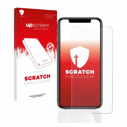 Front side of a product packaging with the brand logo upscreen. Next to it is the device Apple iPhone Xs shown with the corres