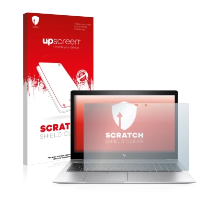 Front side of a product packaging with the brand logo upscreen. Next to it is the device HP EliteBook 850 G5 Touch shown with 