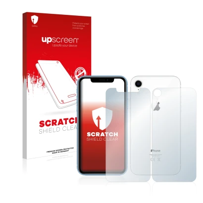 Front side of a product packaging with the brand logo upscreen. Next to it is the device Apple iPhone XR (Front+Back) shown wi