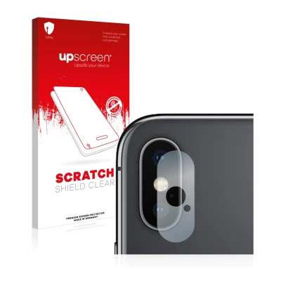 Front side of a product packaging with the brand logo upscreen. Next to it is the device Apple iPhone Xs Max (ONLY Camera Lens
