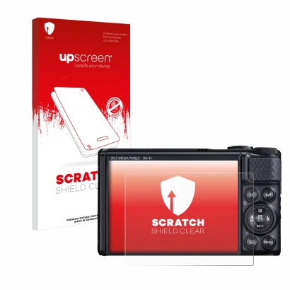 Front side of a product packaging with the brand logo upscreen. Next to it is the device Canon PowerShot SX740 HS shown with t