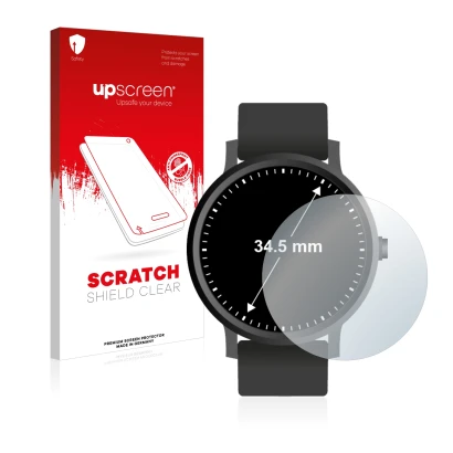 Front side of a product packaging with the brand logo upscreen. Next to it is the device Watches (Circular, ø: 34.5 mm) shown