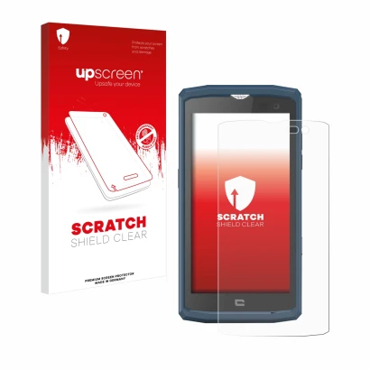 Front side of a product packaging with the brand logo upscreen. Next to it is the device Crosscall Core X3 shown with the corr