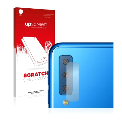 Front side of a product packaging with the brand logo upscreen. Next to it is the device Samsung Galaxy A7 2018 (ONLY Camera L