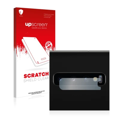 Front side of a product packaging with the brand logo upscreen. Next to it is the device Samsung Galaxy S10 (ONLY Camera Lens)