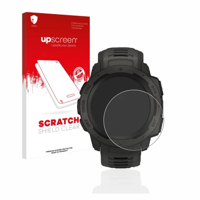 Front side of a product packaging with the brand logo upscreen. Next to it is the device Garmin Instinct shown with the corres