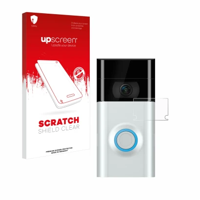 Front side of a product packaging with the brand logo upscreen. Next to it is the device Ring Doorbell 2 (Lens) shown with the