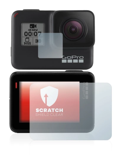 Image of the device GoPro Hero 7 Black with a wide variety of screen protectors.