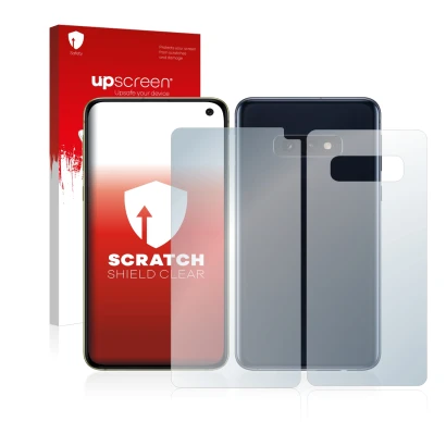 Front side of a product packaging with the brand logo upscreen. Next to it is the device Samsung Galaxy S10e (Front+Back) show