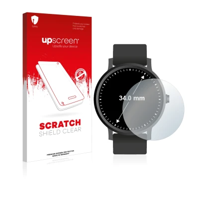 Front side of a product packaging with the brand logo upscreen. Next to it is the device Circular Displays (ø: 34 mm) shown wi