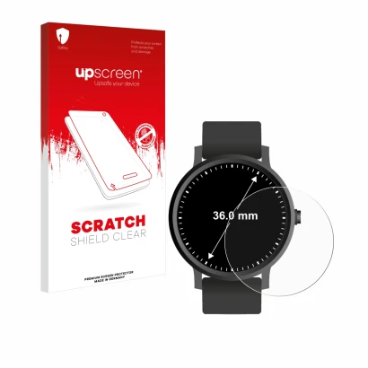 Front side of a product packaging with the brand logo upscreen. Next to it is the device Circular Displays (ø: 36 mm) shown wi