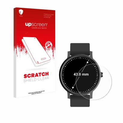 Front side of a product packaging with the brand logo upscreen. Next to it is the device Circular Displays (ø: 43 mm) shown wi