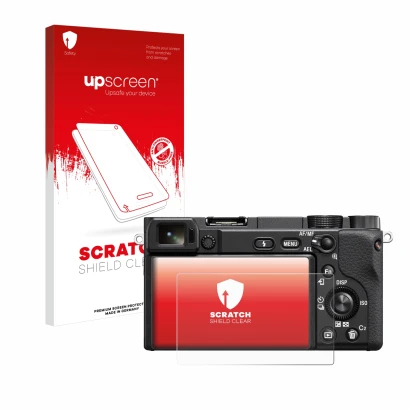 Front side of a product packaging with the brand logo upscreen. Next to it is the device Sony Alpha 6400 shown with the corres