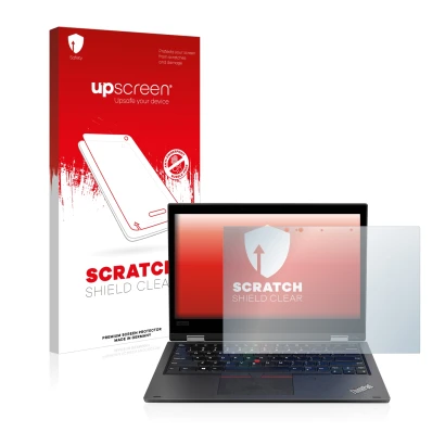Front side of a product packaging with the brand logo upscreen. Next to it is the device Lenovo ThinkPad L390 Yoga shown with