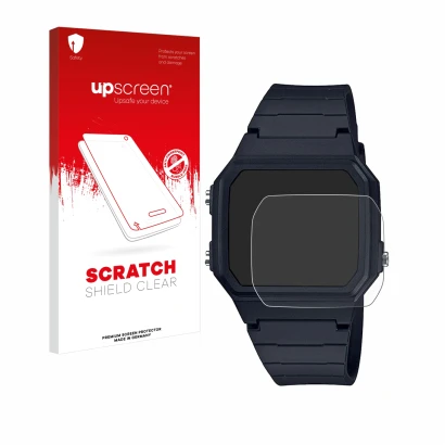 Front side of a product packaging with the brand logo upscreen. Next to it is the device Casio Unisex F-91W shown with the cor