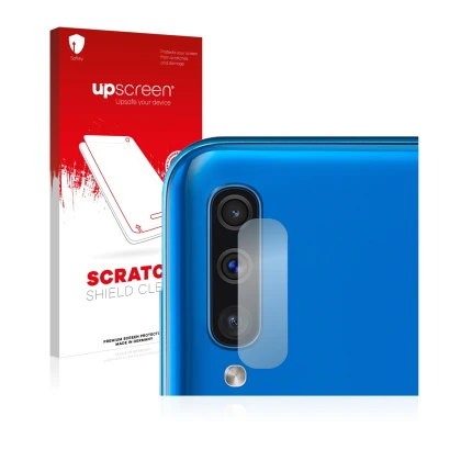 Front side of a product packaging with the brand logo upscreen. Next to it is the device Samsung Galaxy A50 (ONLY Camera Lens)