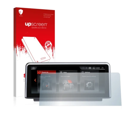 Front side of a product packaging with the brand logo upscreen. Next to it is the device NaviFly Android (10.2") shown with th