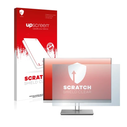 Front side of a product packaging with the brand logo upscreen. Next to it is the device HP EliteDisplay E243i shown with the