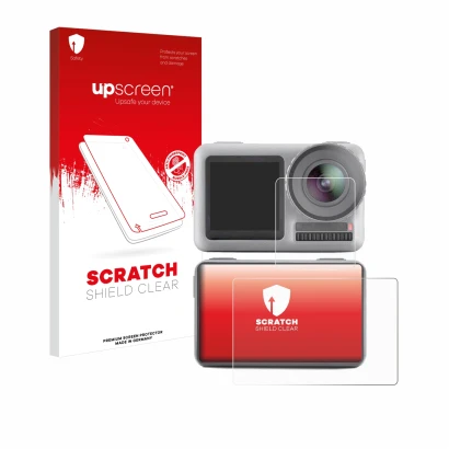 Front side of a product packaging with the brand logo upscreen. Next to it is the device DJI Osmo Action shown with the corres