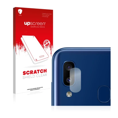 Front side of a product packaging with the brand logo upscreen. Next to it is the device Samsung Galaxy A20e (ONLY Camera Lens