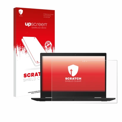 Front side of a product packaging with the brand logo upscreen. Next to it is the device Lenovo ThinkPad X390 Yoga shown with