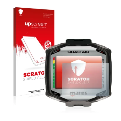Front side of a product packaging with the brand logo upscreen. Next to it is the device Mares Quad Air shown with the corresp