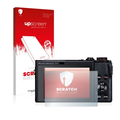 Front side of a product packaging with the brand logo upscreen. Next to it is the device Canon PowerShot G5 X Mark II shown wi