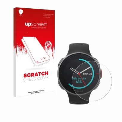 Front side of a product packaging with the brand logo upscreen. Next to it is the device Polar Vantage V Titan shown with the